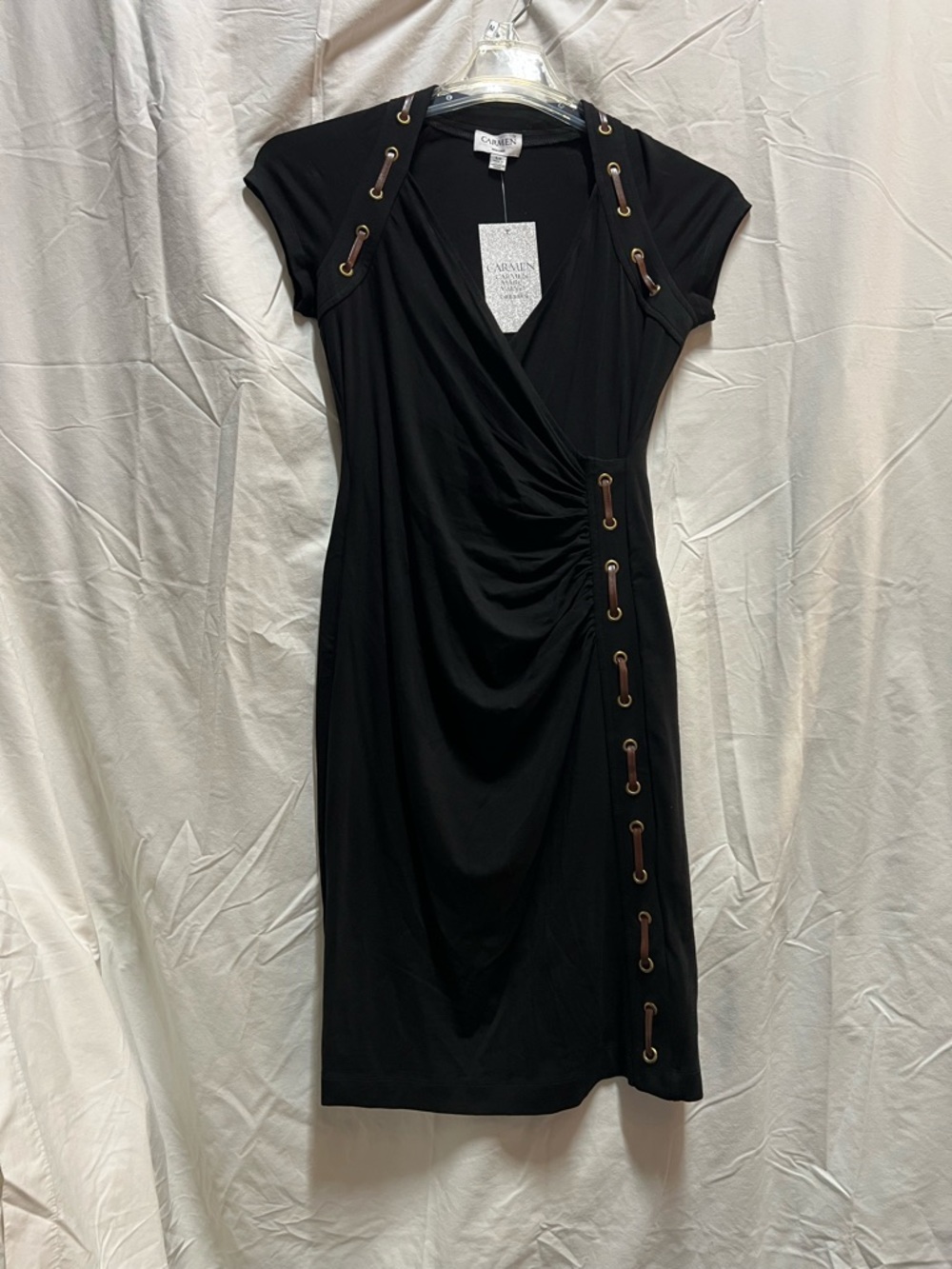 Carmen Marc Valvo Black Faux-Wrap Midi Dress with Grommet Accents